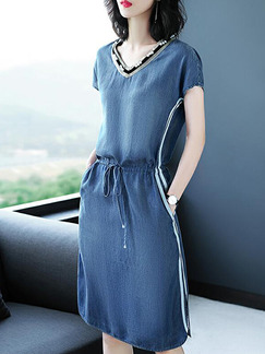 Navy Blue Slim Denim Stripe Side Knee Length V Neck Dress for Casual Party