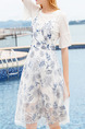 White and Navy Blue Slim Sling Printed Two-Piece Knee Length Floral Dress for Casual Party Beach