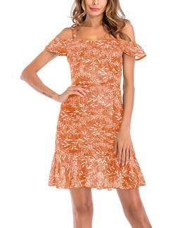 Orange and White Slim Printed Ruffle Above Knee Slip Off Shoulders Dress for Casual Party