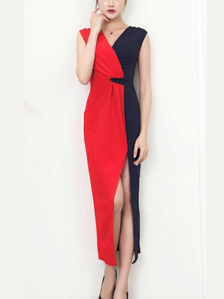 Red and Dark Blue Slim Contrast Furcal Maxi V Neck Wrap Dress for Party Office Evening Cocktail