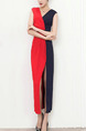 Red and Dark Blue Slim Contrast Furcal Maxi V Neck Wrap Dress for Party Office Evening Cocktail