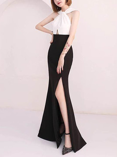 Black and White Slim Contrast Hang Neck Furcal Maxi Halter Bodycon Dress for Party Evening Cocktail Prom Bridesmaid