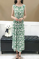 White and Green Slim Printed High Waist Midi Dress for Casual Party