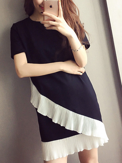 Black and White Plus Size Round Neck Linking Contrast Ruffled Shift Above Knee Dress for Casual Party
