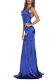 Blue Slim Fishtail Over-Hip V Neck Linking Lace See-Through Open Back Maxi Dress for Party Evening Cocktail Prom