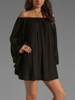 Black Chiffon Plus Size Loose Boat Neck Off-Shoulder Ruffled Long Sleeve Above Knee Dress for Party Evening Semi Formal