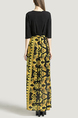 Black and Yellow Slim V Neck Placket Front Linking Contrast Printed Band Belt Furcal Maxi Dress for Party Evening Cocktail