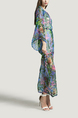 Blue and Colorful A-Line Plus Size Boat Neck Adjustable Chiffon Printed Drawstring Long Sleeves Maxi Floral Dress for Casual Beach