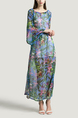 Blue and Colorful A-Line Plus Size Boat Neck Adjustable Chiffon Printed Drawstring Long Sleeves Maxi Floral Dress for Casual Beach