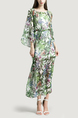 White and Colorful A-Line Plus Size Boat Neck Adjustable Chiffon Printed Drawstring Maxi Floral Dress for Casual Beach