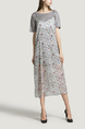 Grey and White  Round Neck T Shirt Knitted Sling Printed Two-Piece Midi Dress for Casual Party
