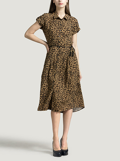 Leopard Plus Size Lapel Shirt Loose Slim Cardigan Single-breasted Knee Length Dress for Casual Party Office Evening