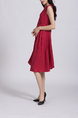 Wine red Round Neck Loose Full Skirt Linking Zipped Ruffled Knee Length Dress for Casual Office Party