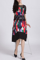 Black and Colorful Plus Size A-Line Slim Round Neck Linking Chiffon Mesh Printed Knee Length Dress for Casual Party Office