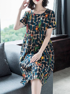 Colorful Shift Midi Round Neck Dress for Casual Party Office