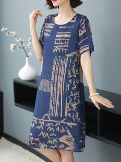 Blue Shift Knee Length Round Neck Dress for Casual Party Office