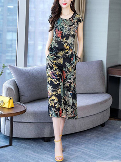 Colorful Round Neck Midi Plus Size Floral Dress for Casual Party