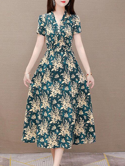 Colorful Fit & Flare Midi V Neck Floral Dress for Casual Party
