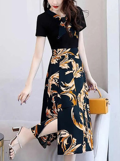Black Colorful Fit & Flare Midi Plus Size Dress for Casual Party Evening Office