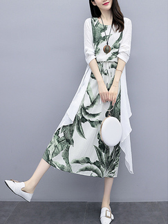 White and Green Two Piece Tropical Midi Plus Size Dress for Casual Party Beach