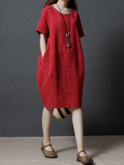 Red Plus Size Loose Cocoon Shape Round Neck Pockets Dress for Casual