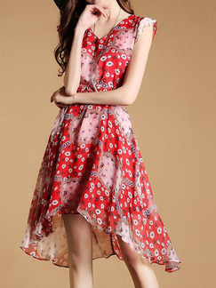 Red Plus Size Printed V Neck Asymmetrical Hem Floral Dress for Casual Party