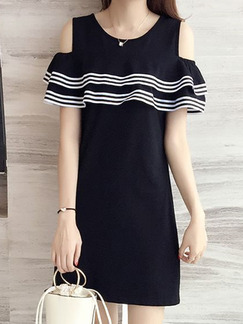 Black Slim Plus Size Off-Shoulder Stripe Round Neck Above Knee Dress for Casual Office Party