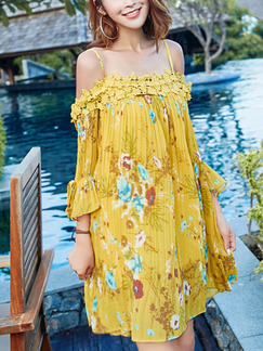 Yellow Printed Loose Sling Off-Shoulder Laced Flare Sleeve Dress for Casual Beach