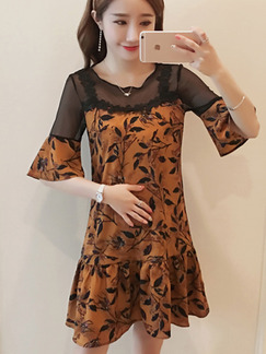 Brown and Black  Plus Size Pregnant Seem-Two A-Line Linking Mesh Printed Flare Sleeve Dress for Casual Party Office