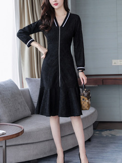 Black Slim A-Line Fishtail Over-Hip Contrast Cuff V Neck Linking Lace Zipper Placket Dress for Casual Office Party