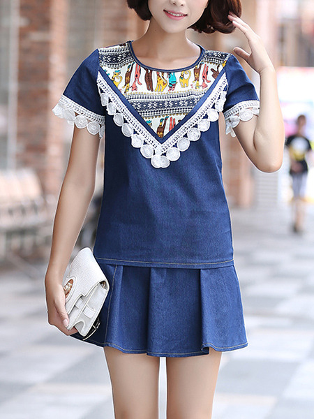 Blue Denim Two-Piece Slim Linking Located Printing A-Line Above Knee Dress for Casual Party
