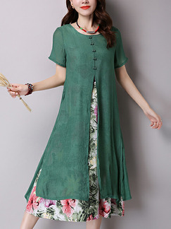 Green Colorful Plus Size Seem-Two Printed Chinese Button Round Neck Furcal Dress for Casual