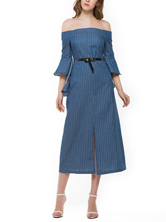 Blue Denim Slim A-Line Vertical Stripe Strapless Flare Sleeve Furcal Zipper Back Dress for Casual Office Evening