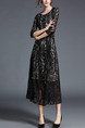 Black Plus Size Slim A-Line Lace See-Through Band Round Neck Dress for Casual Office Evening