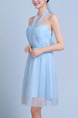 Blue Slim Strapless Linking Mesh Butterfly Knot Back Dress for Formal Bridesmaid