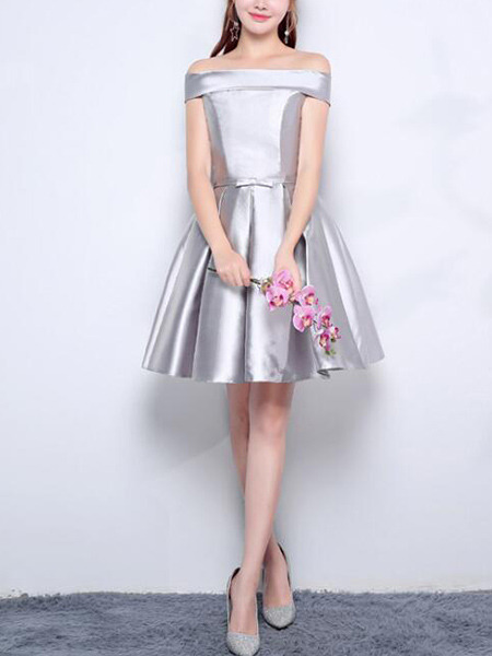 Silver Satin Slim A-Line Off-Shoulder Puff Skirt Butterfly Knot Above ...