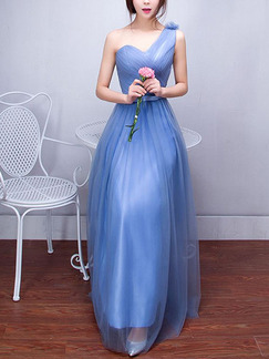 Blue Plus Size Slim A-Line Mesh Pleated Butterfly Knot Inclined Shoulder Straps Back Dress for Bridesmaid Prom