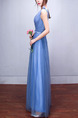 Blue Plus Size Slim A-Line Mesh Pleated Butterfly Knot Inclined Shoulder Straps Back Dress for Bridesmaid Prom