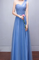Blue Plus Size Slim A-Line Mesh Pleated Butterfly Knot Inclined Shoulder Straps Back Dress for Bridesmaid Prom