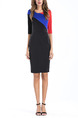 Black Blue and Red Slim Contrast Round Neck Over-Hip Zipper Back Furcal Back Above Knee Bodycon Dress for Cocktail Party Evening