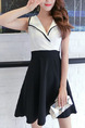 Black and White Slim A-Line Contrast Deep V Neck Lapel Above Knee Fit & Flare Dress for Casual Party