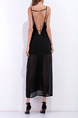 Black Slim Sling Deep V Neck Open Back Furcal Band See-Through Maxi Dress for Evening Party Cocktail