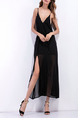 Black Slim Sling Deep V Neck Open Back Furcal Band See-Through Maxi Dress for Evening Party Cocktail