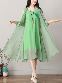 Green Plus Size Loose Cardigan See-Through Sun Protection Shift Midi Dress for Casual Beach