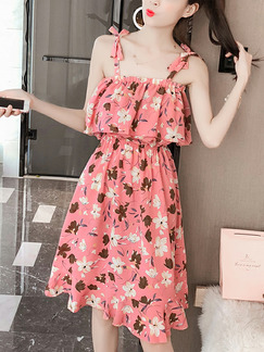 Pink Chiffon Slim A-Line Printed Off-Shoulder Band Cloak Ruffle Adjustable Waist Slip Above Knee  Dress for Casual Party