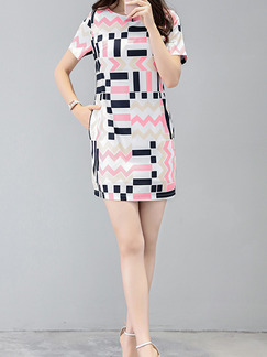 White Blue and Pink Slim H-Shaped Printed Round Neck Pockets Over-Hip Bodycon Above Knee Dress for Party Nightclub Casual