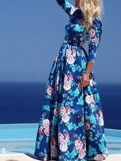 Blue and Pink Slim Printed Round Neck Full Skirt Maxi Floral Dress for Casual Beach
