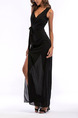 Black Chiffon Slim Sling V Neck Furcal Side Maxi Dress for Cocktail Party Evening