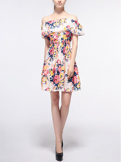 Colorful Plus Size Slim A-Line Printed Boat Collar Ruffle Adjustable Waist Floral Off Shoulder Above Knee Fit & Flare Dress for Casual Party
