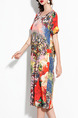 Colorful Plus Size Loose A-Line Printed Round Neck Midi Shift Dress for Casual
